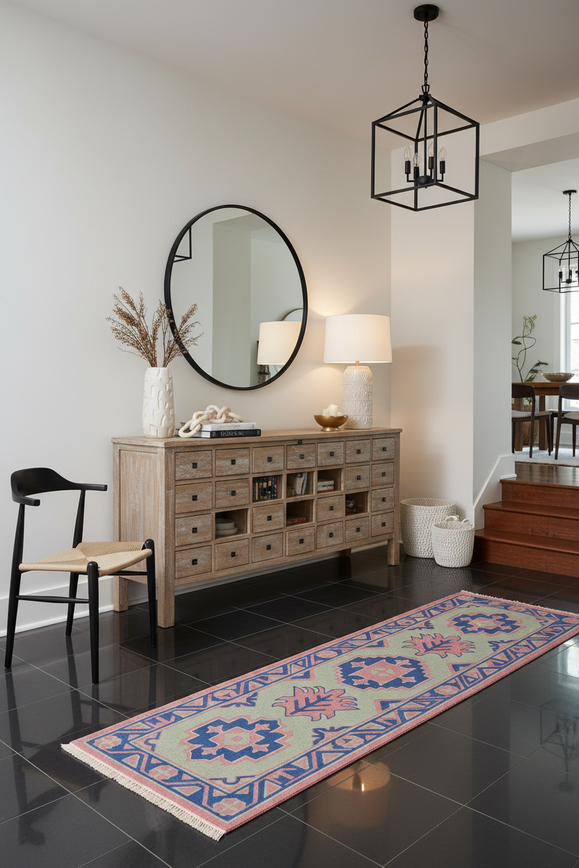 entryway room with wooden dresser, mirror, lamp, and decorative rug.