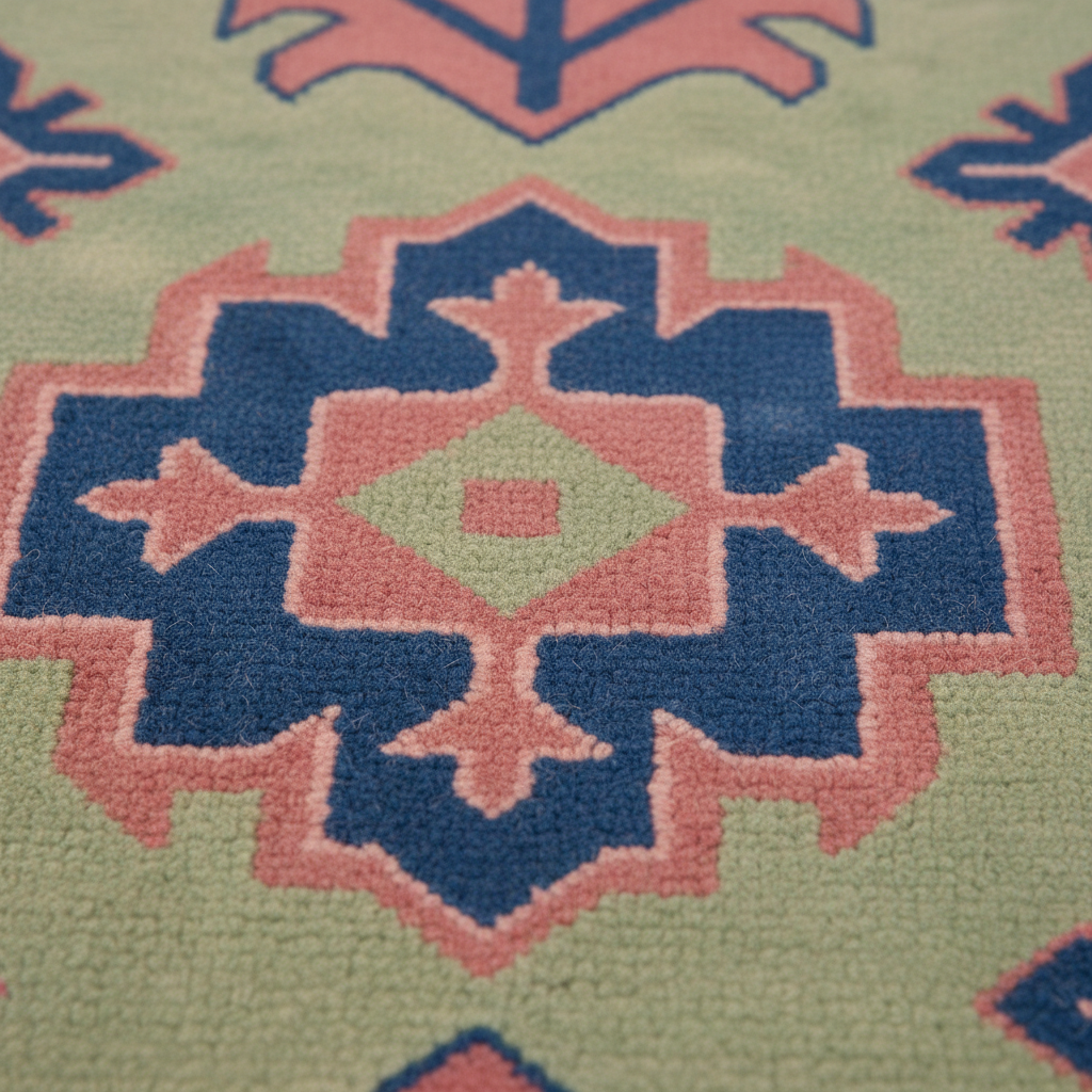 Close-up of a textured rug with a geometric medallion pattern in sage green, dusty pink, and navy blue.