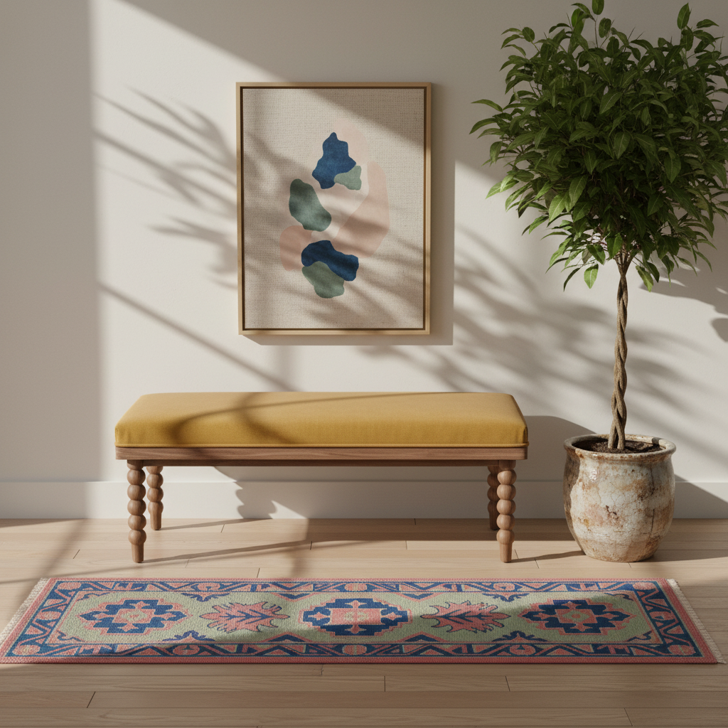 A styled interior scene with a wooden bench featuring a mustard yellow cushion, a colorful patterned rug, a potted tree, and framed abstract wall art against a warm beige wall with leaf shadows.