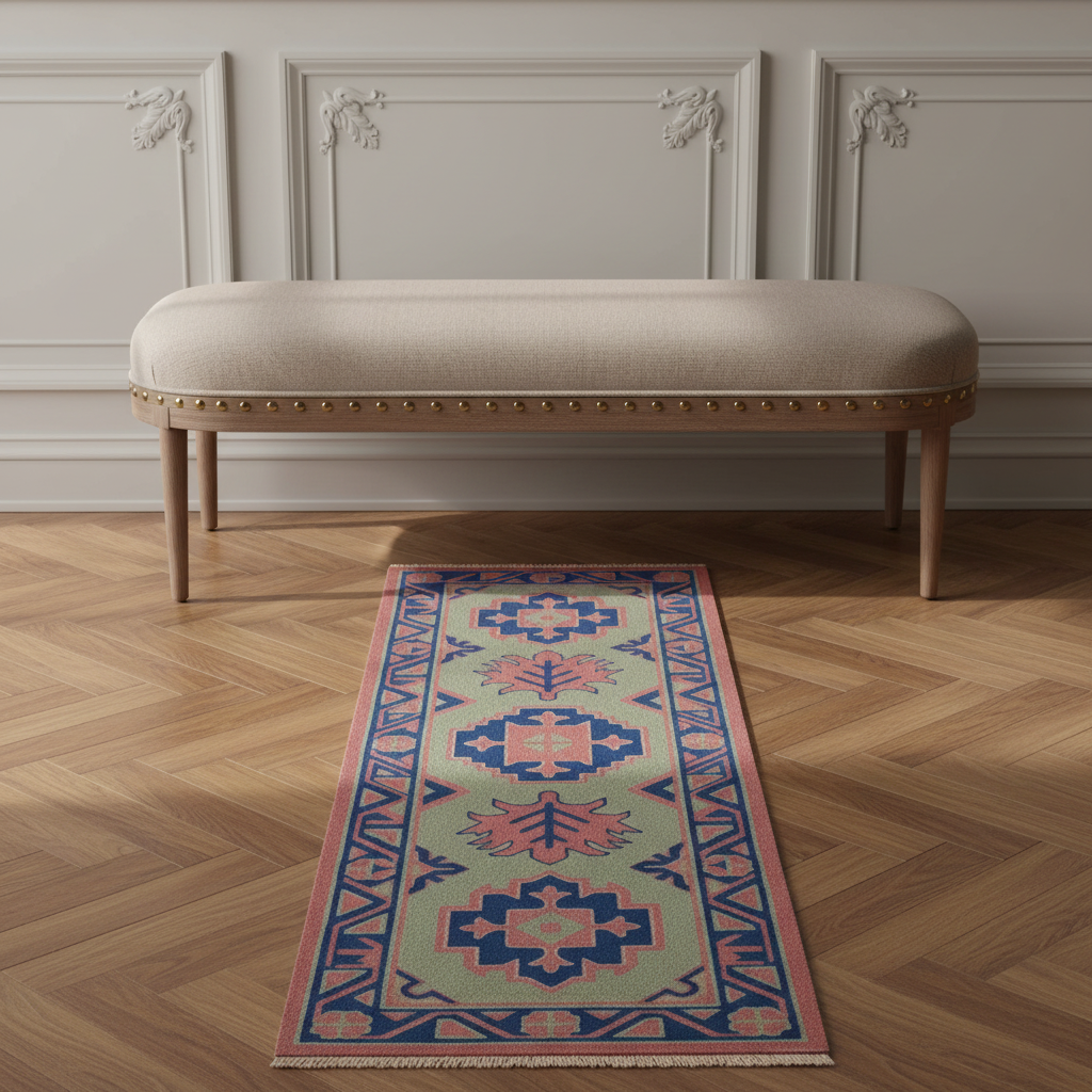 A long rectangular area rug with a geometric and floral pattern in sage green, navy, pink, and blue, styled on a light wood herringbone floor in front of a beige upholstered bench.