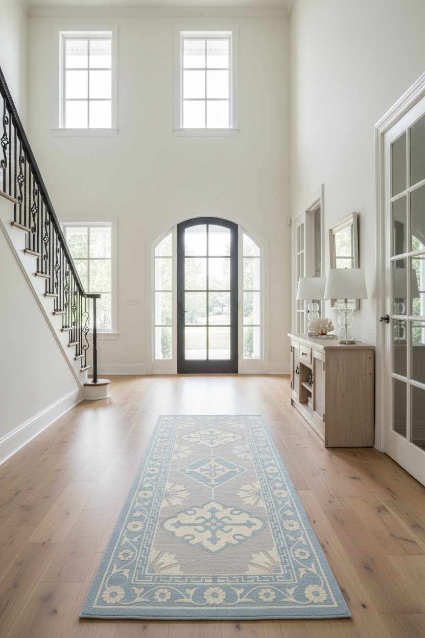 blue traditional wool rug runner in  a grand entryway