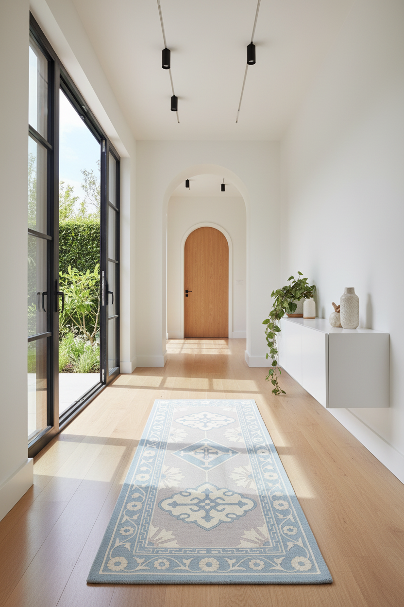 Modern interior with a blue patterned rug on wooden flooring, large glass door, and white walls.