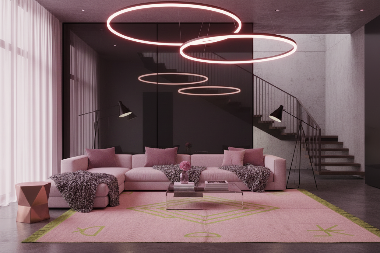Modern living room with pink sofa, geometric rug, and circular ceiling lights.