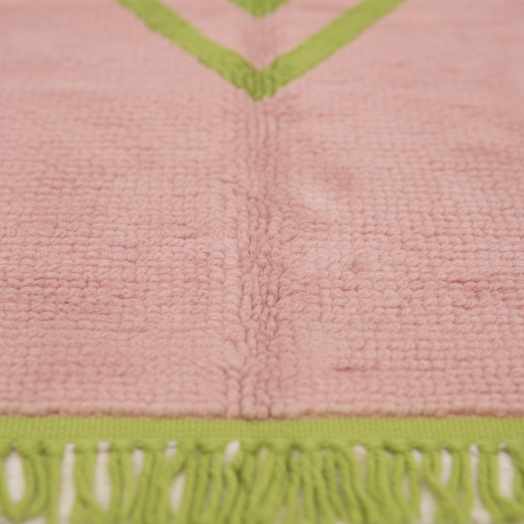 Close-up of a pink textured fabric item with a lime green chevron pattern and matching fringed trim along the bottom edge.