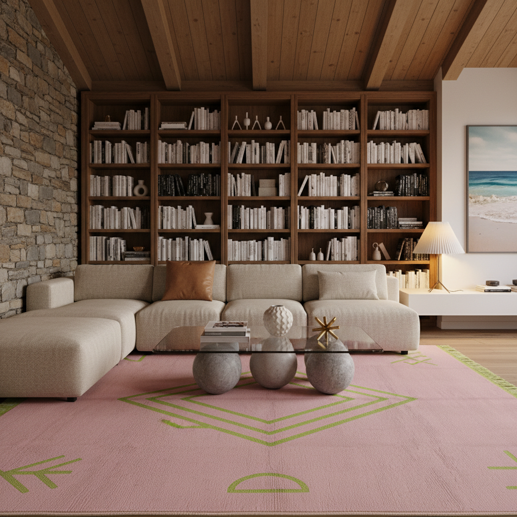 A styled living room featuring a large beige sectional sofa, a pink area rug with green geometric patterns, a glass-top coffee table with three stone bases, and a massive wooden bookcase filled with books in the background.