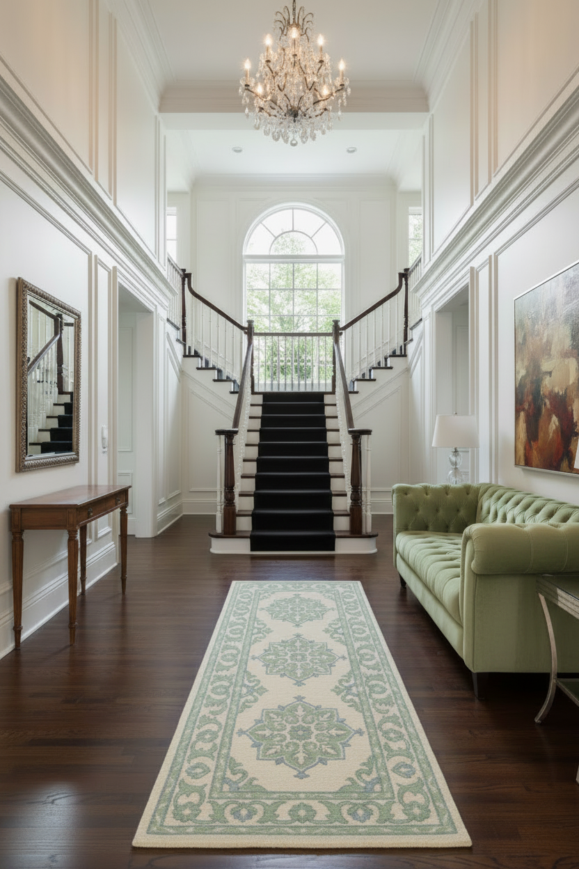 Staircase in a stylish home with a green sofa and decorative rug.
