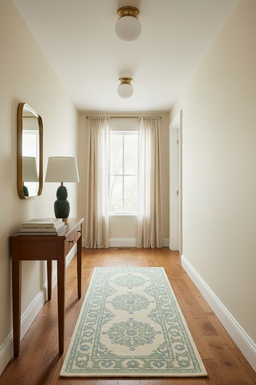 Hallway with a green patterned rug, wooden console table, and mirror.