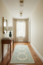 Hallway with a green patterned rug, wooden console table, and mirror.