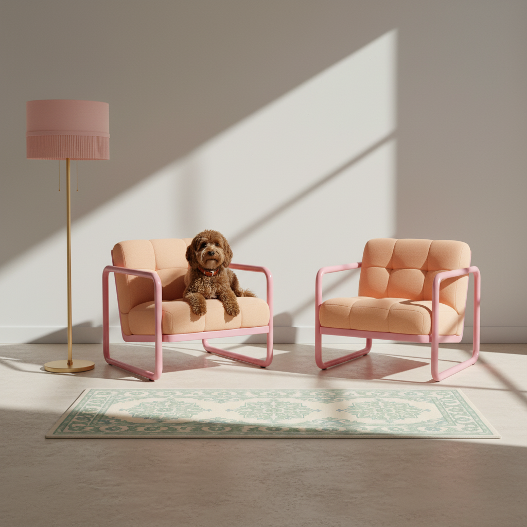 Two blush pink armchairs with curved metal frames are arranged in a sunlit room. One chair holds a small brown poodle, and a matching pink floor lamp stands beside it.