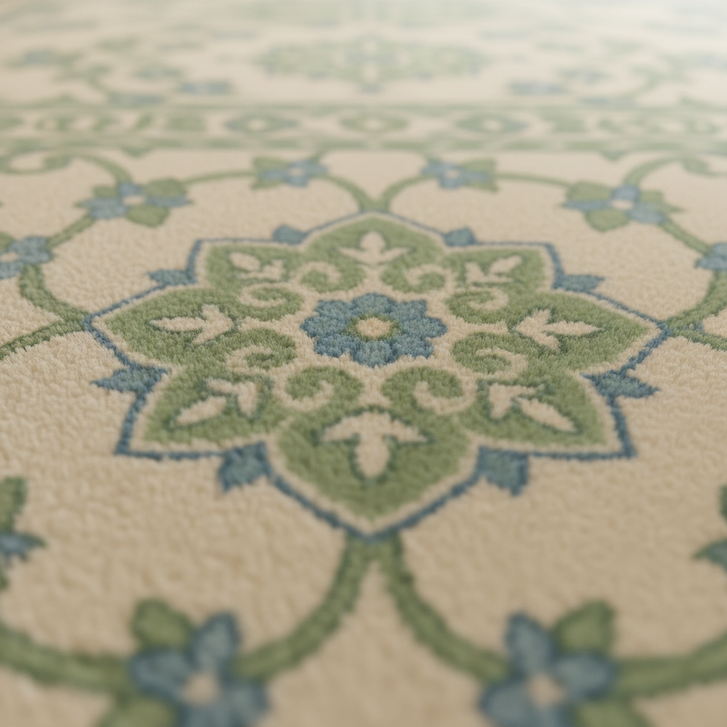 Close-up of a patterned rug with a central floral medallion in sage green, dusty blue, and cream, with a softly blurred foreground and background.
