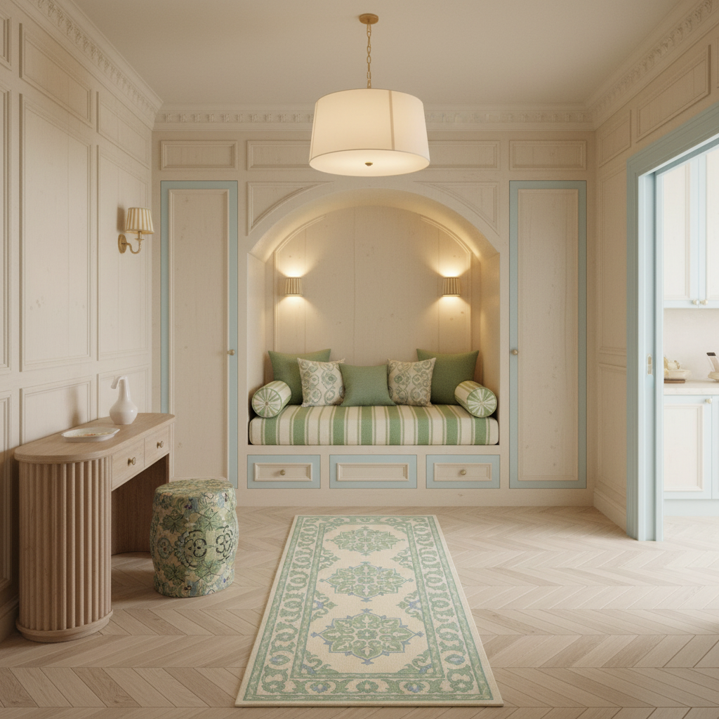 A beautifully styled interior room featuring a built-in bench with green striped cushions, a matching patterned rug, a console table, and a decorative stool in a classic cream-colored room.