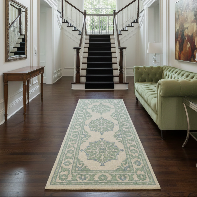 A long runner rug with a traditional medallion pattern in sage green and cream is displayed on dark hardwood floors in a bright, elegant entryway with a staircase and a green sofa.