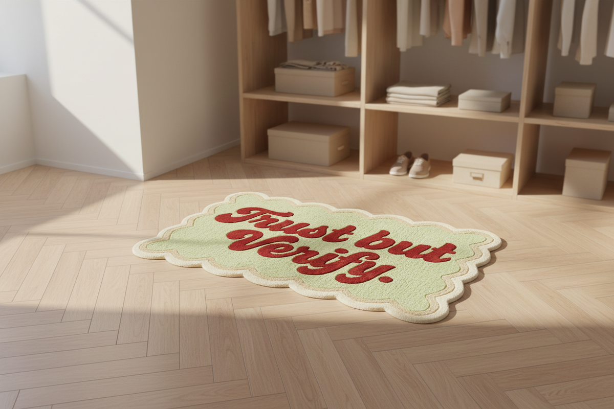 Decorative rug with 'Trust but Verify' text on a wooden floor.