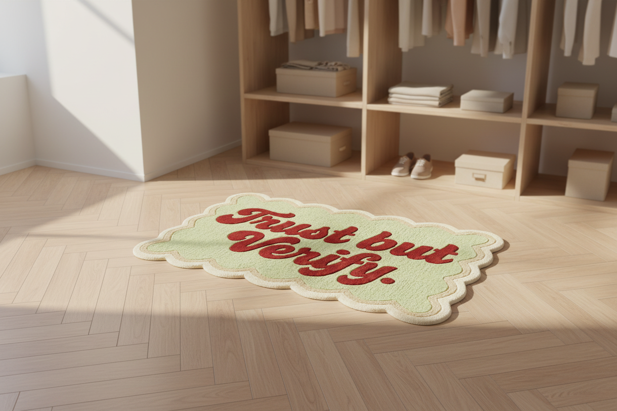 Decorative rug with 'Trust but Verify' text on a wooden floor.