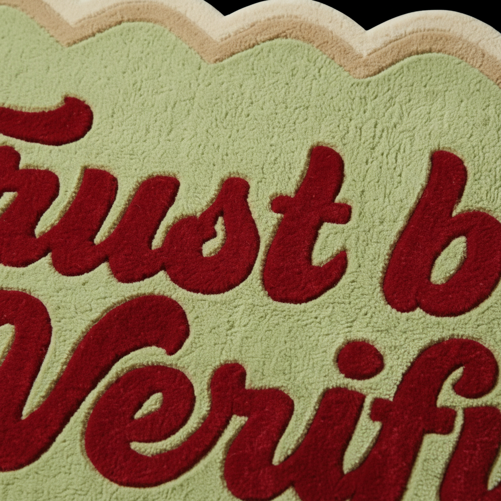 A close-up of a fuzzy, cloud-shaped sign or mat in pale sage green with raised red cursive lettering that reads 'Trust but Verifi'.