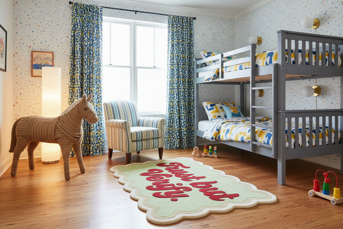 A styled children's bedroom featuring a gray wooden bunk bed with blue and yellow patterned bedding, matching blue patterned curtains, a striped armchair, a woven zebra toy, and a light green cloud-shaped rug with red text.