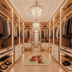 A luxury walk-in closet with warm wood shelving, hanging garments, drawers, shoes, and chandeliers. A light green rug with red script text lies on the floor.