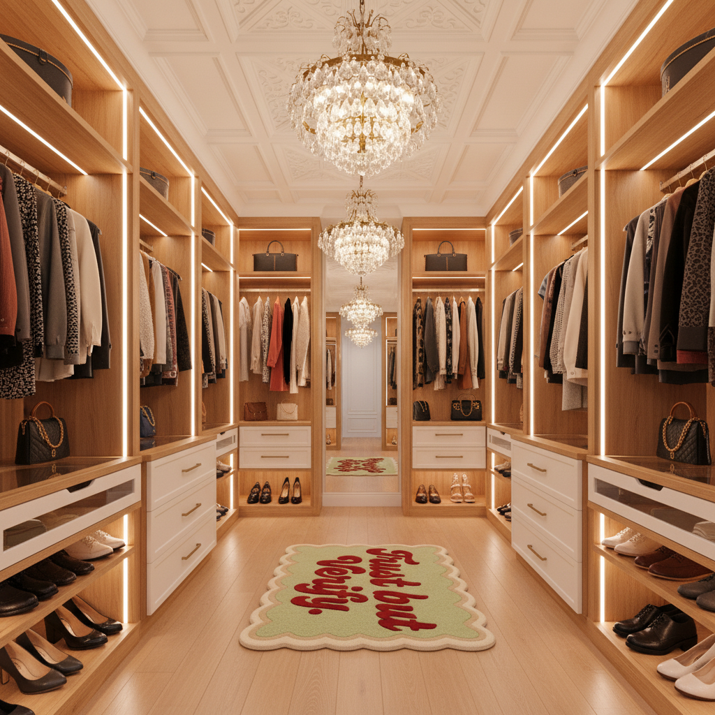 A luxury walk-in closet with warm wood shelving, hanging garments, drawers, shoes, and chandeliers. A light green rug with red script text lies on the floor.