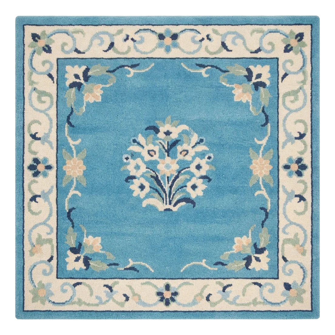 Turquoise Bouquet Frame Square Hand Tufted Wool Rug