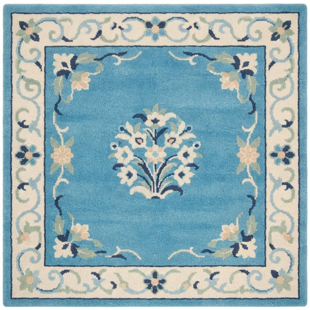 Turquoise Bouquet Frame Square Hand Tufted Wool Rug - studio photo