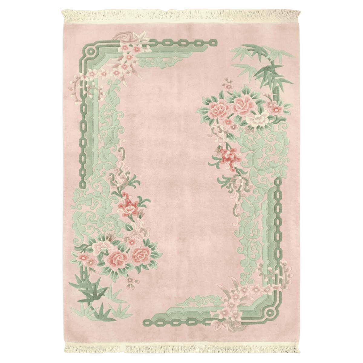 Decorative rug with floral and chain design on a pink background