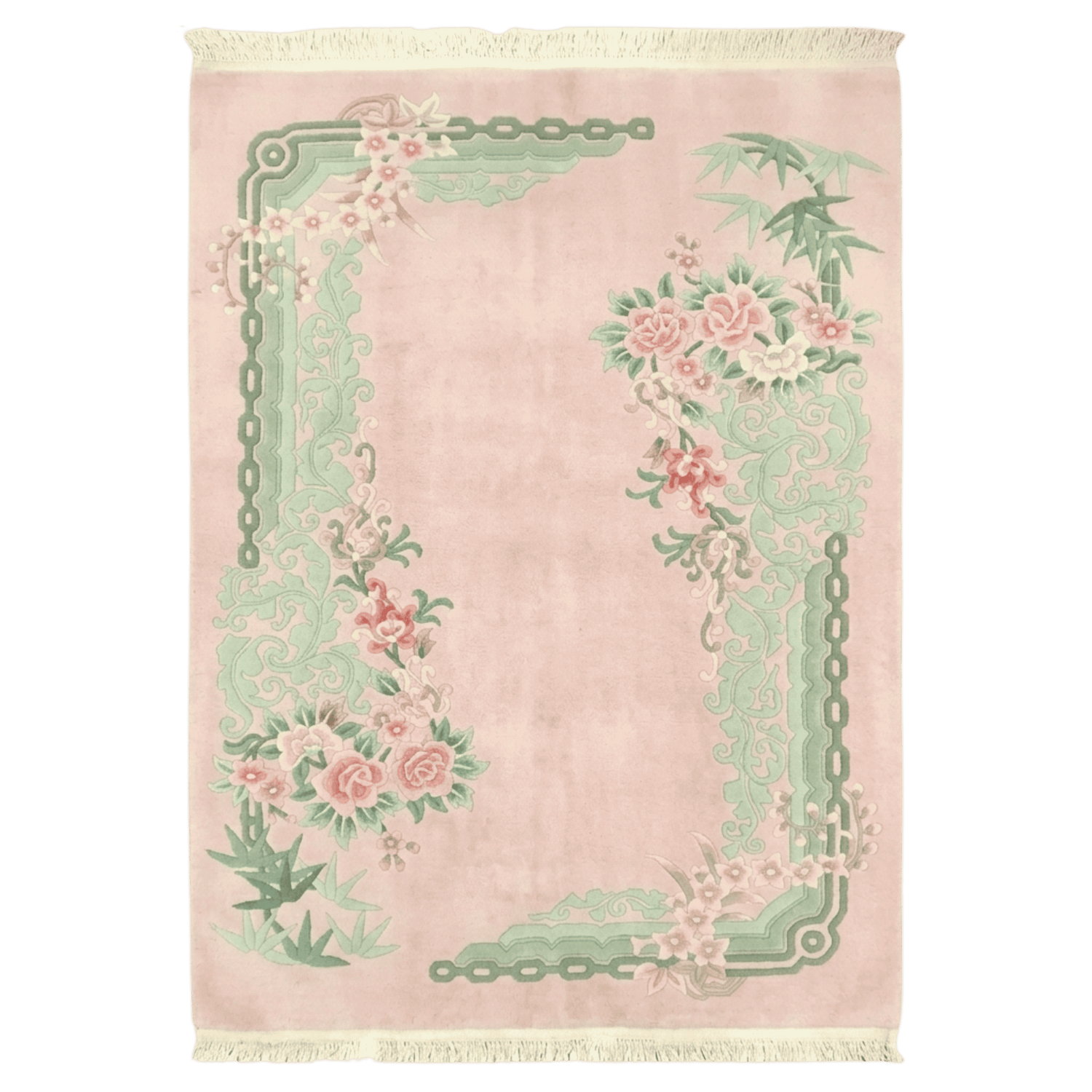 Decorative rug with floral and chain design on a pink background