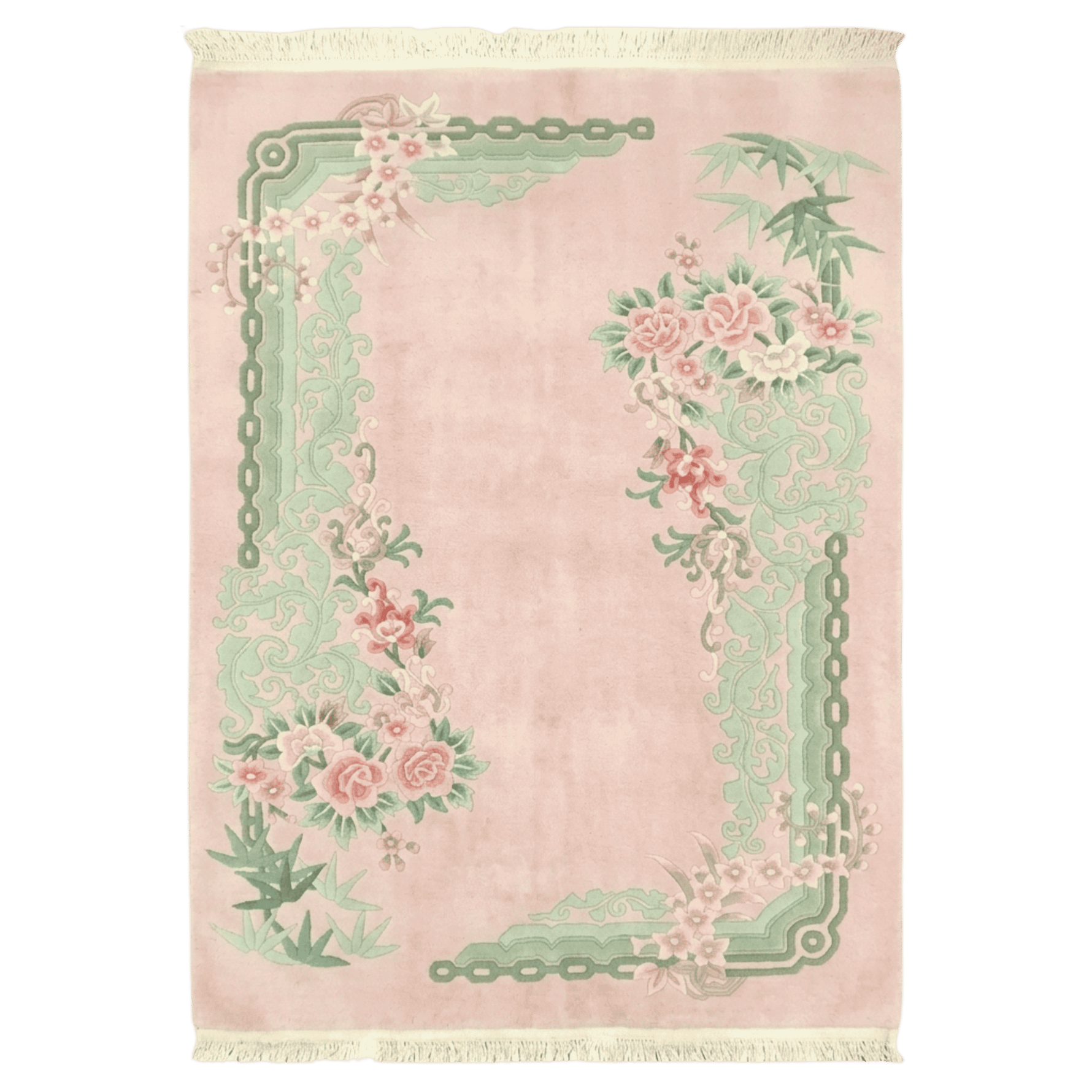 Decorative rug with floral and chain design on a pink background