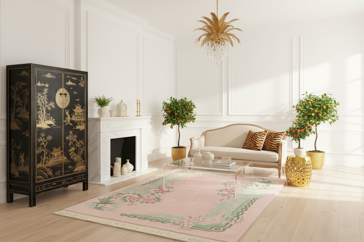 Living room with a black cabinet, white sofa, and decorative chinoiserie rug.