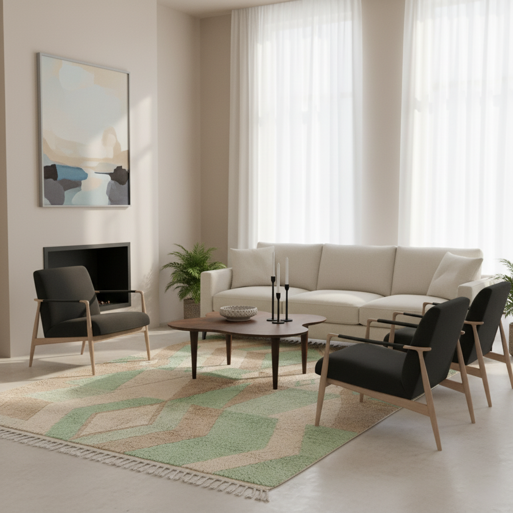 A modern living room scene with a cream sofa, two black armchairs with light wood frames, a round dark wood coffee table, a green and beige patterned rug, sheer white curtains, and a framed abstract painting on the wall.