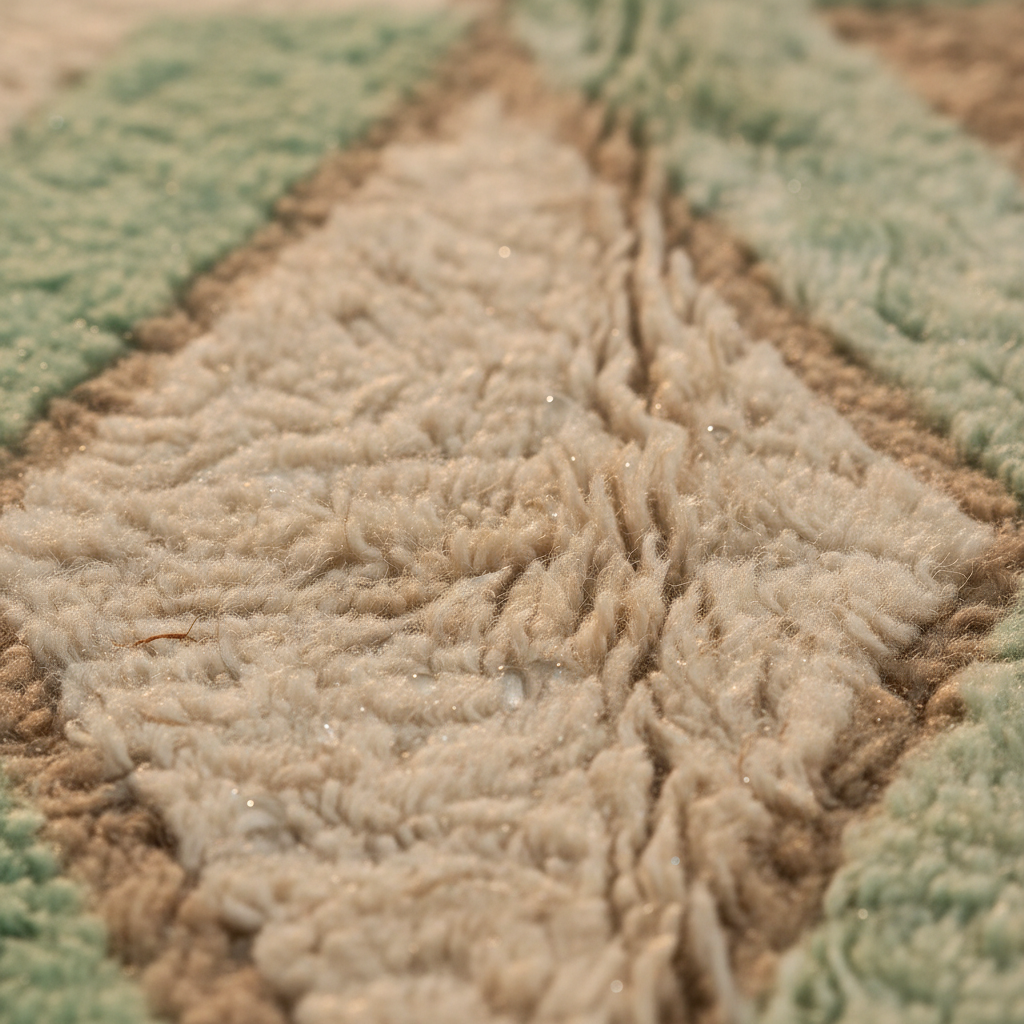Close-up of a plush shag rug with a geometric diamond pattern in beige, light brown, and sage green.
