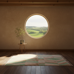 A styled interior room with a round window looking out onto green hills, featuring a beige textured wall, dark wood floor, a geometric area rug, and a small side table with a potted plant.