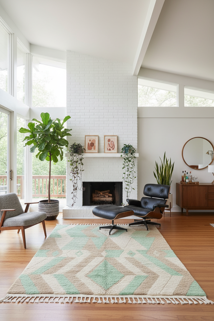 Modern living room with a geometric green shaggy rug, Eames lounge chair, and large windows.