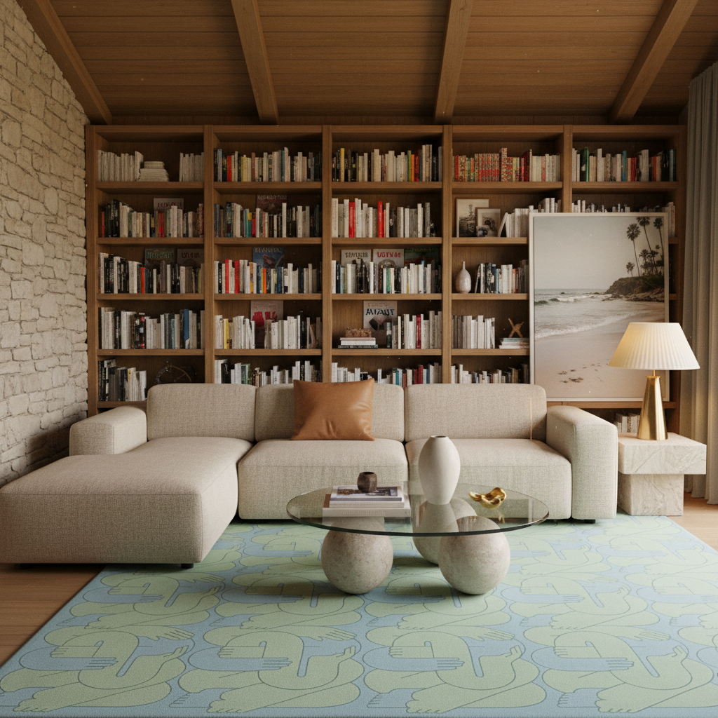 A modern living room featuring a large beige sectional sofa with a brown accent pillow, set against a wall of wooden bookshelves. A light blue and green patterned rug covers the floor, with a glass-top coffee table in front. A gold floor lamp and a framed beach print sit on a small side table.