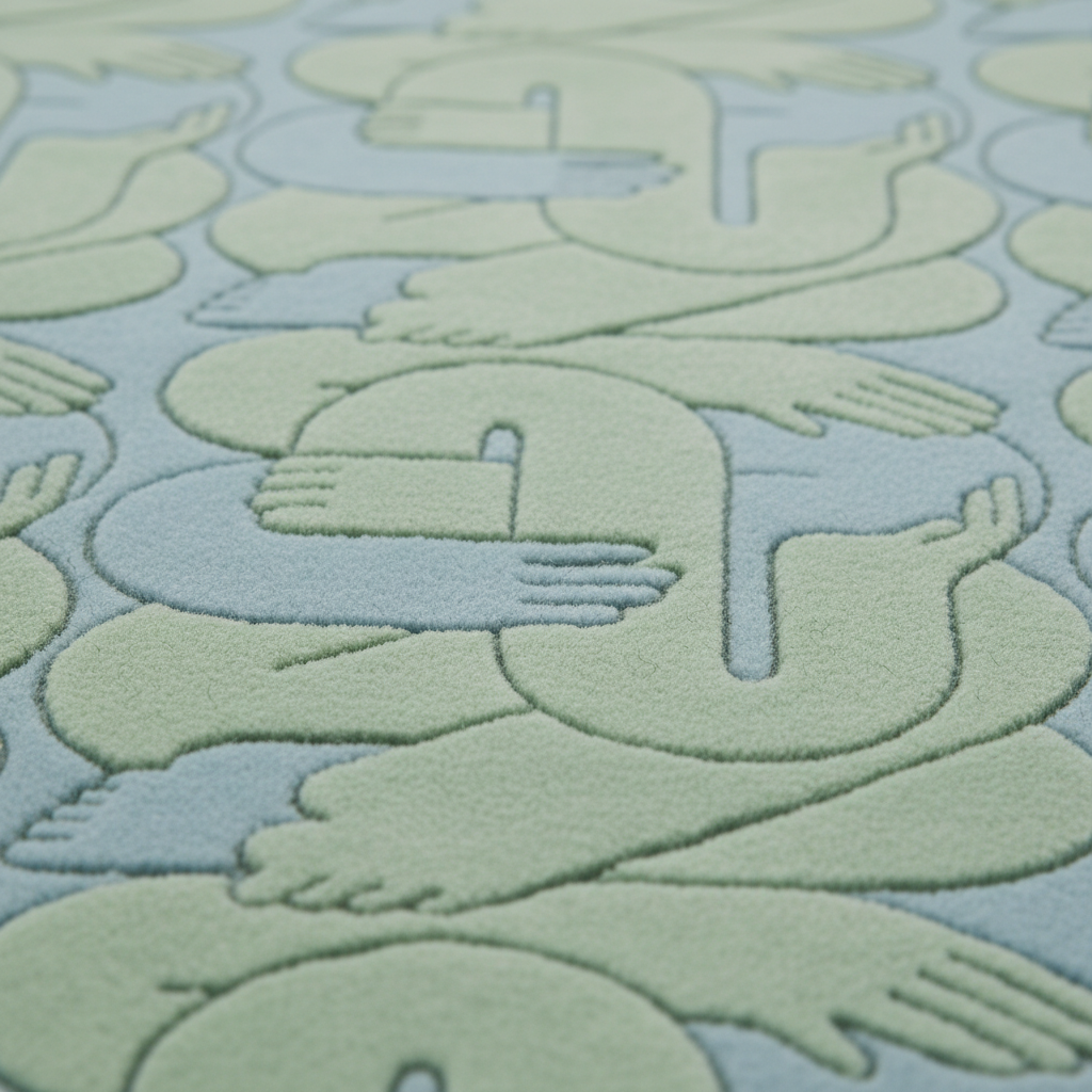 A close-up of a textured fabric or rug featuring a repeating pattern of stylized figures in pale sage green on a light blue background.