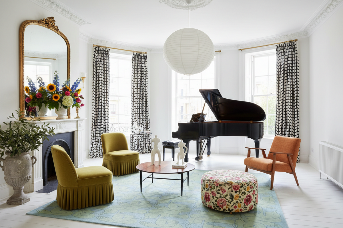 Living room with a grand piano, floral arrangement, and decorative rug.
