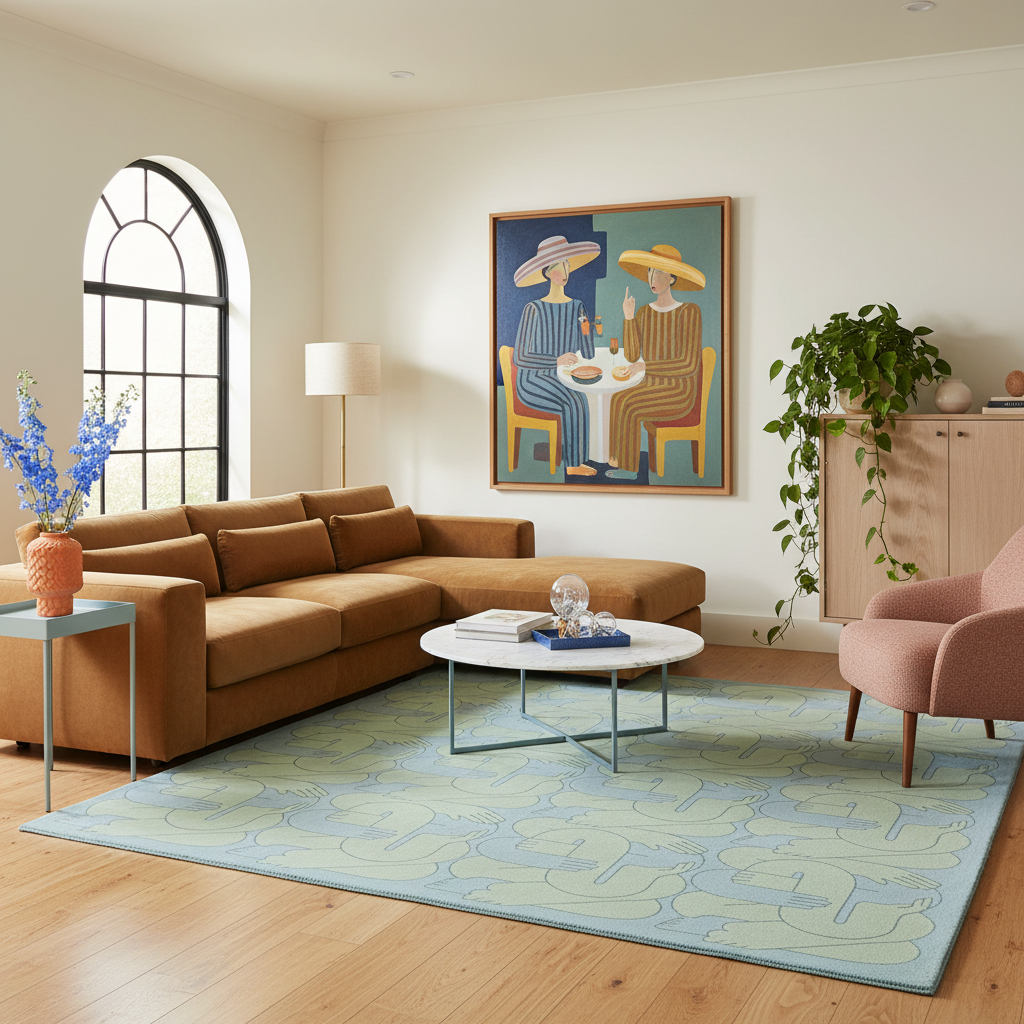 A styled living room featuring a large tan sectional sofa, a light blue and green patterned area rug, a pink armchair, and a framed colorful painting on the wall.