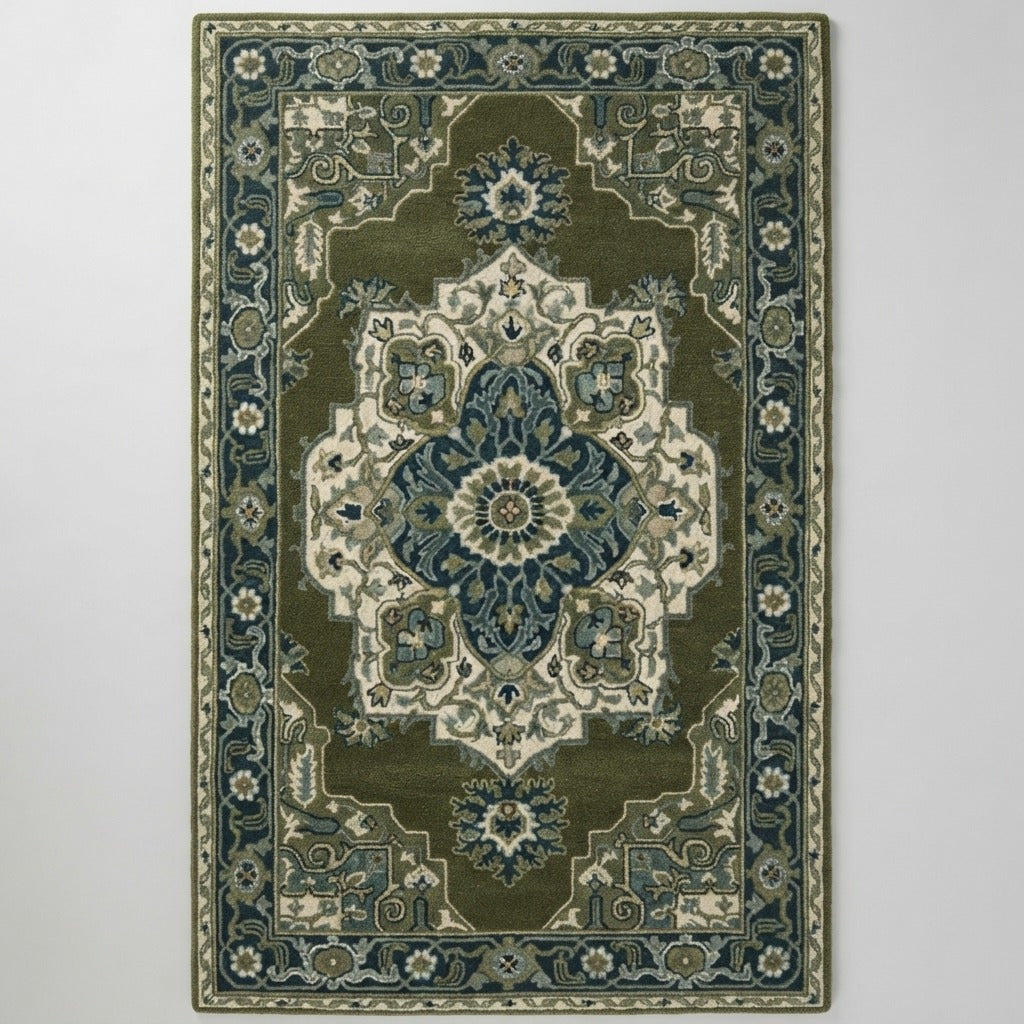 Verdant Lotus Medallion Hand Tufted Wool Rug - studio photo