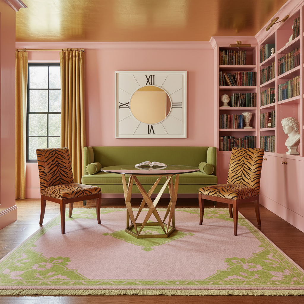 Pink living room with green sofa, patterned chairs, and bookshelf.