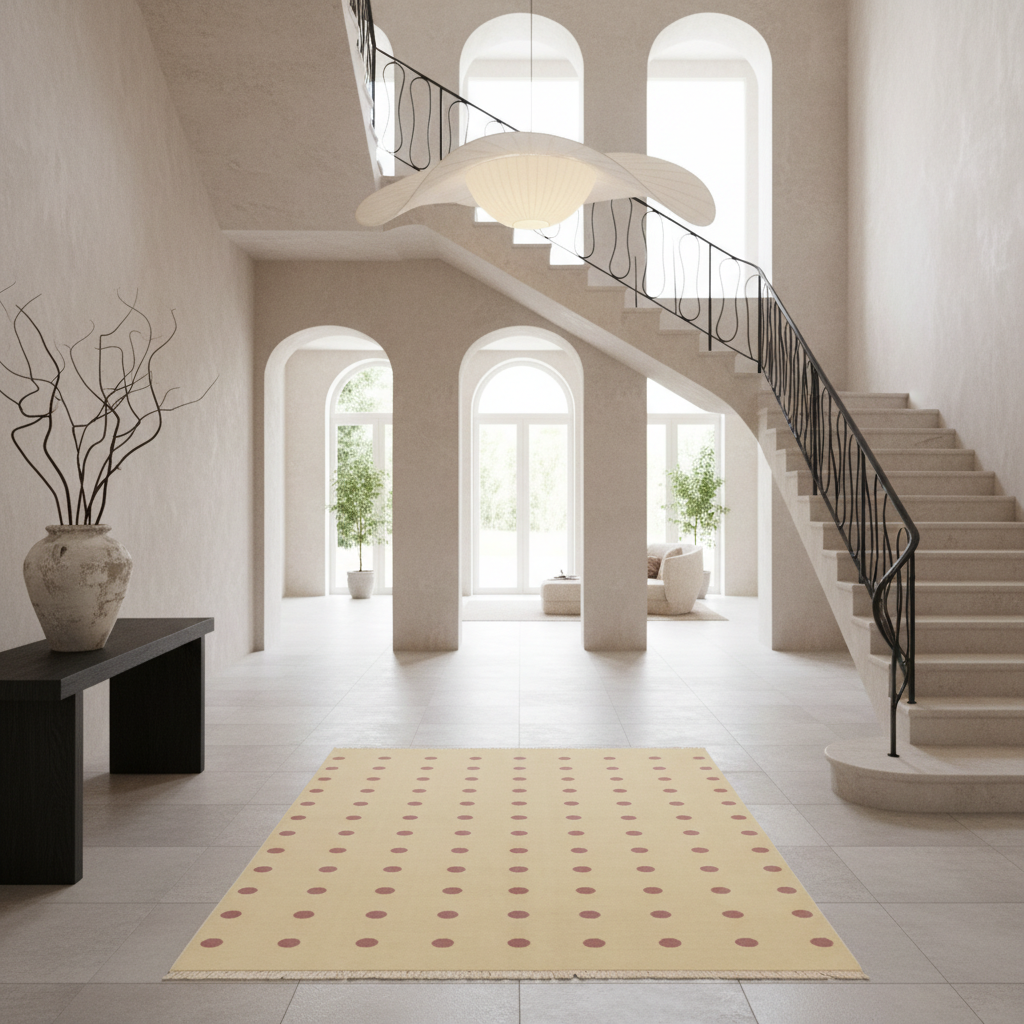 A cream-colored area rug with a pattern of red-brown polka dots is displayed on a light stone floor in a grand, modern staircase foyer.