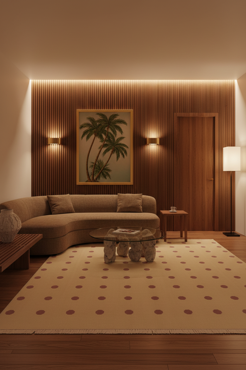 A modern living room scene with a curved beige sofa, a patterned beige rug, a wooden slatted accent wall, wall sconces, a framed palm tree painting, and warm ambient lighting.