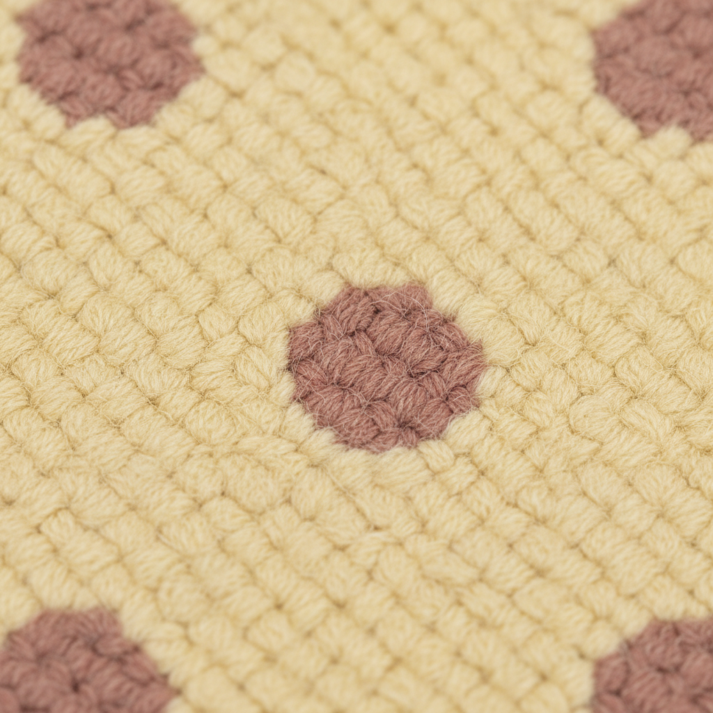 Close-up of a crocheted textile with a cream base and dusty rose polka dots, showing the textured knit pattern in detail.
