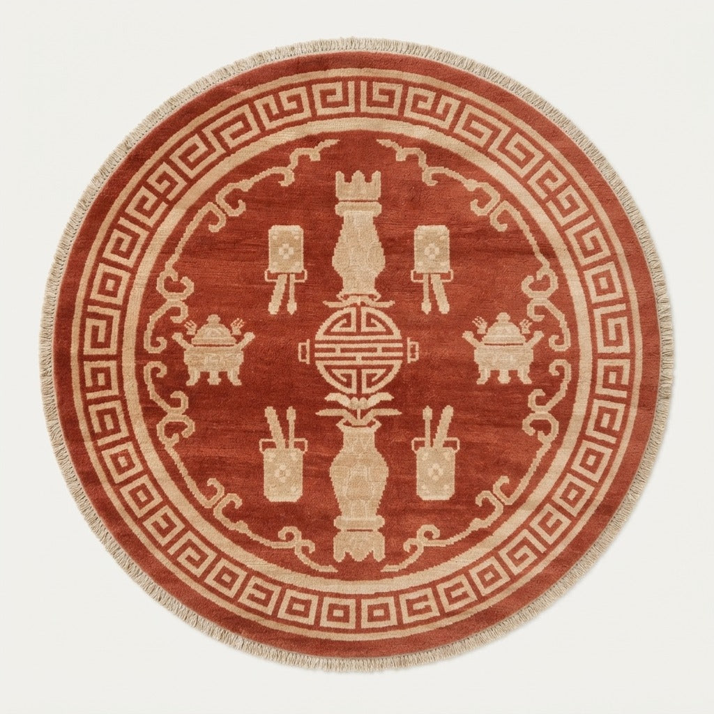 Vermilion Scholar Vessels Round Hand Knotted Rug - studio photo