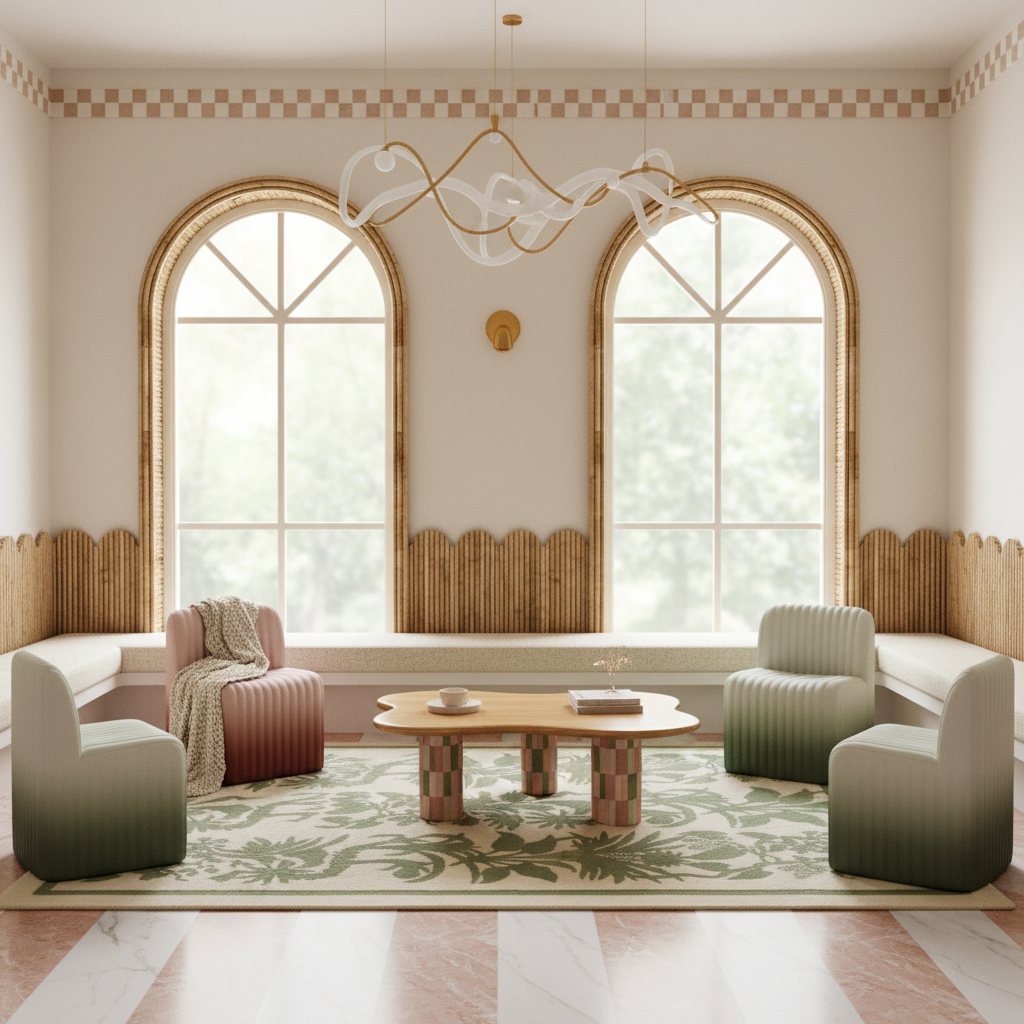 A beautifully styled modern living room featuring two large arched windows with wicker frames, a central wooden coffee table, ribbed armchairs with green-to-pink ombre gradients, and a patterned area rug.