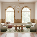 A beautifully styled modern living room featuring two large arched windows with wicker frames, a central wooden coffee table, ribbed armchairs with green-to-pink ombre gradients, and a patterned area rug.