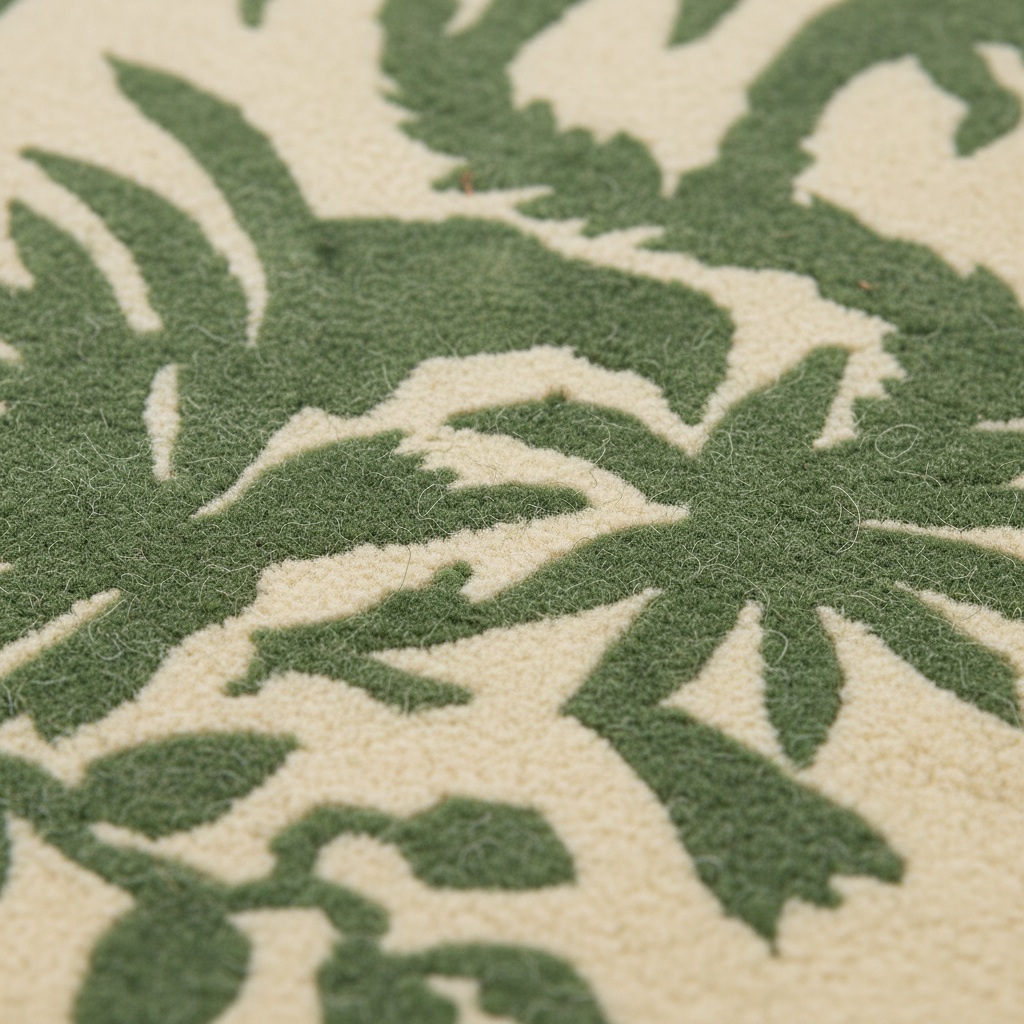 Close-up of a textured rug with a green botanical leaf pattern on a warm cream background.