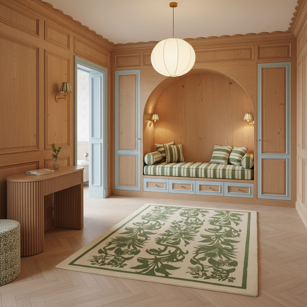 A beautifully styled interior room with light wood paneling, a built-in daybed with green striped cushions, a round white pendant light, and a large green and beige patterned rug on a herringbone wood floor.