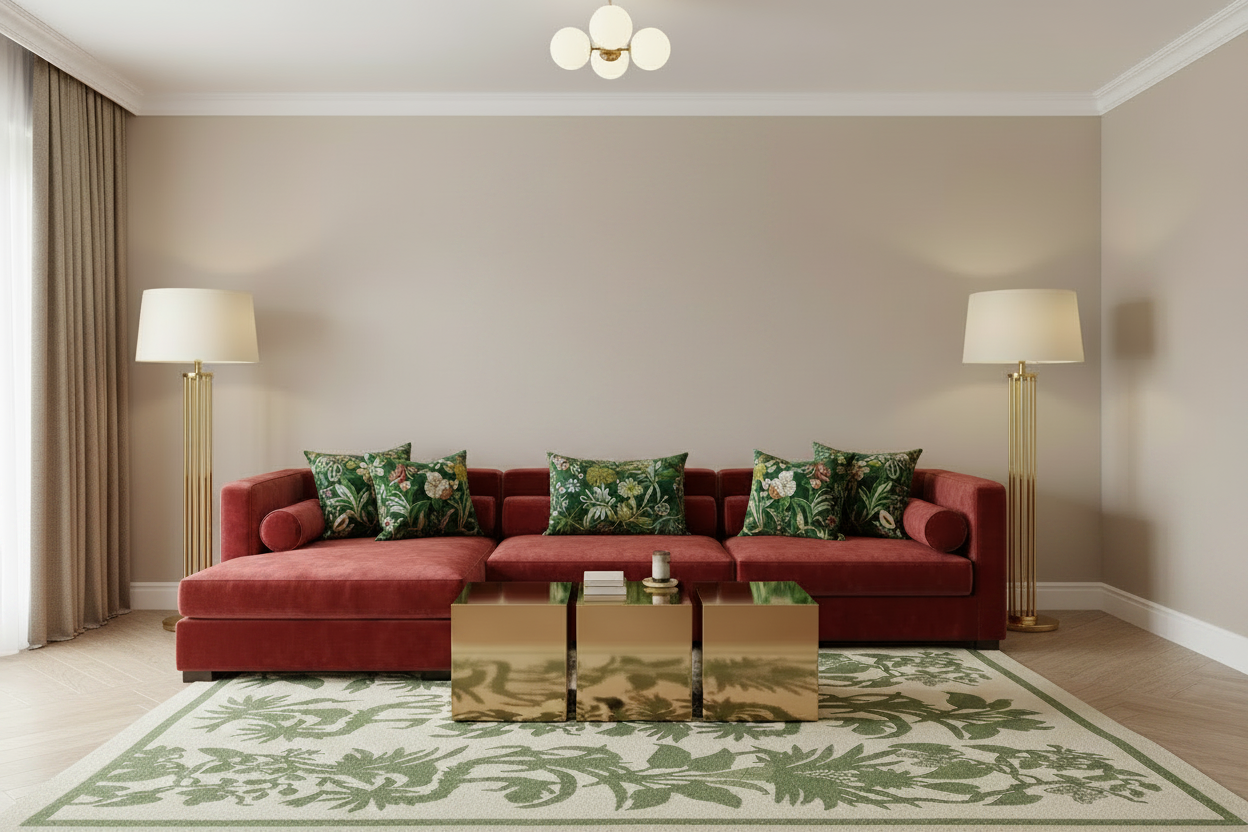 Living room with a red sofa, decorative pillows, and a patterned rug.
