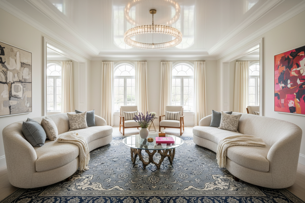 Modern living room with white sofas, a coffee table, gray rug,  and decorative elements.