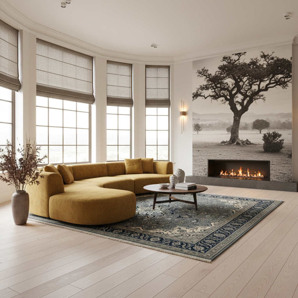 A modern living room featuring a mustard yellow curved sectional sofa on a blue patterned area rug, set in a bright room with light wood floors, bay windows with gray blinds, and a large black-and-white tree mural behind a fireplace.
