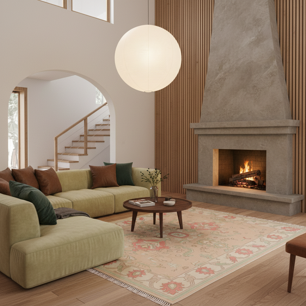 A modern living room with a light green sectional sofa, brown and green pillows, a round wooden coffee table, a large patterned area rug, a concrete fireplace, and a large white spherical pendant light hanging above.